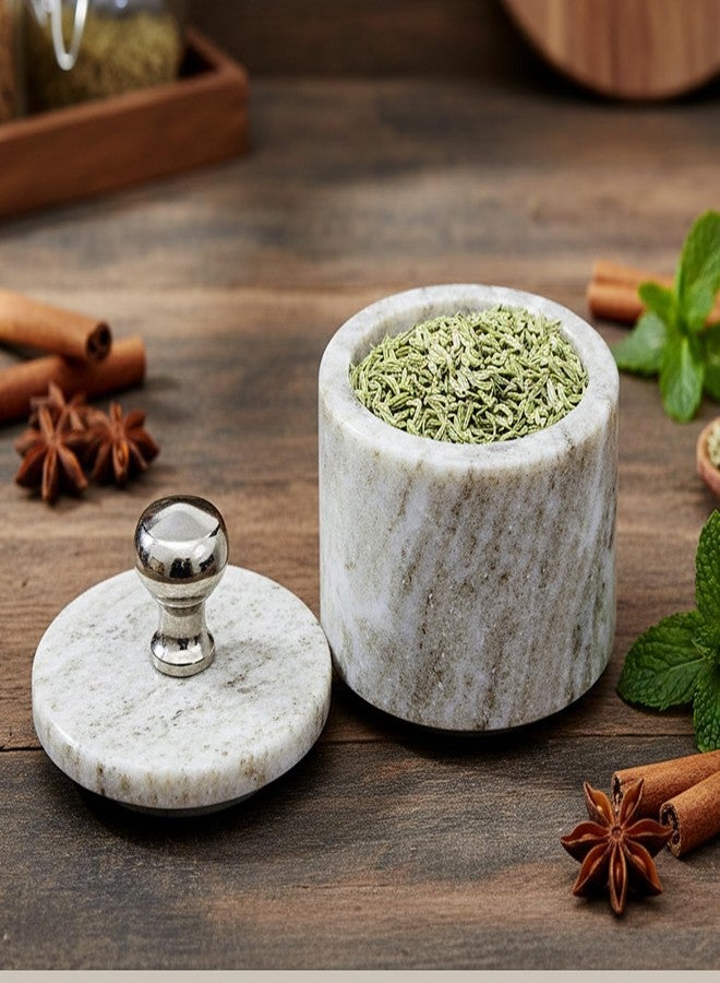 KLEO Marble Salt and Spice Holder with Lid | Small Container | Stone Salt Box/Canister for Kitchen and Dining | Saunf Holder (Beige) - Image 1